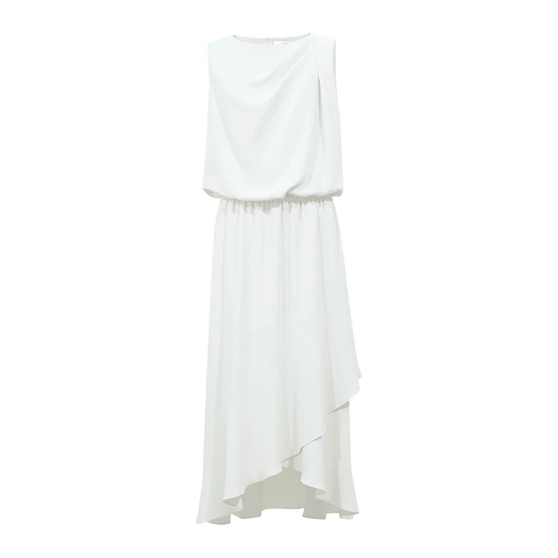 Amii Sleeveless Women Dress 2026 Summer New Bateau Neck Elastic Waist Elegant Asymmetrical Ruffle Casual Chiffon Dress 12642049