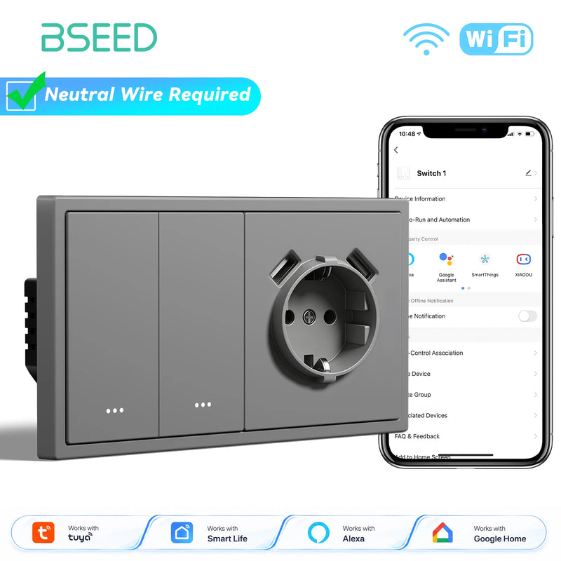 BSEED E Series 1/2/3/4Gang 2Way WIFI Light Switch Smart Click Button Switch Plastic With EU Power Socket Tuya Smart Life Control