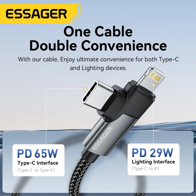 ខ្សែសាក Essager 2 in 1 USB Type C 65W PD Fast Charging Wire Type C To Lighting Cable សម្រាប់ iPhone 15 14 Pro Max MacBook iPad Xiaomi