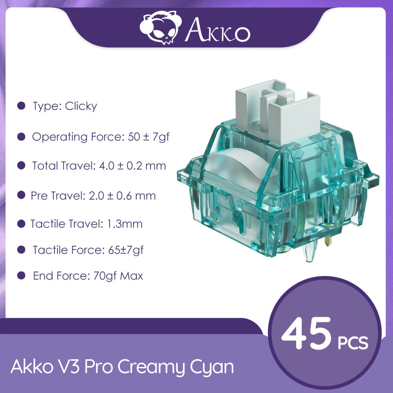 Akko Creamy Cyan Switch 5 Pins 50 ± 7gf Clicky Switch Factory Lubed Compatible with MX Mechanical Keyboard for Gamer PC (45 pcs)