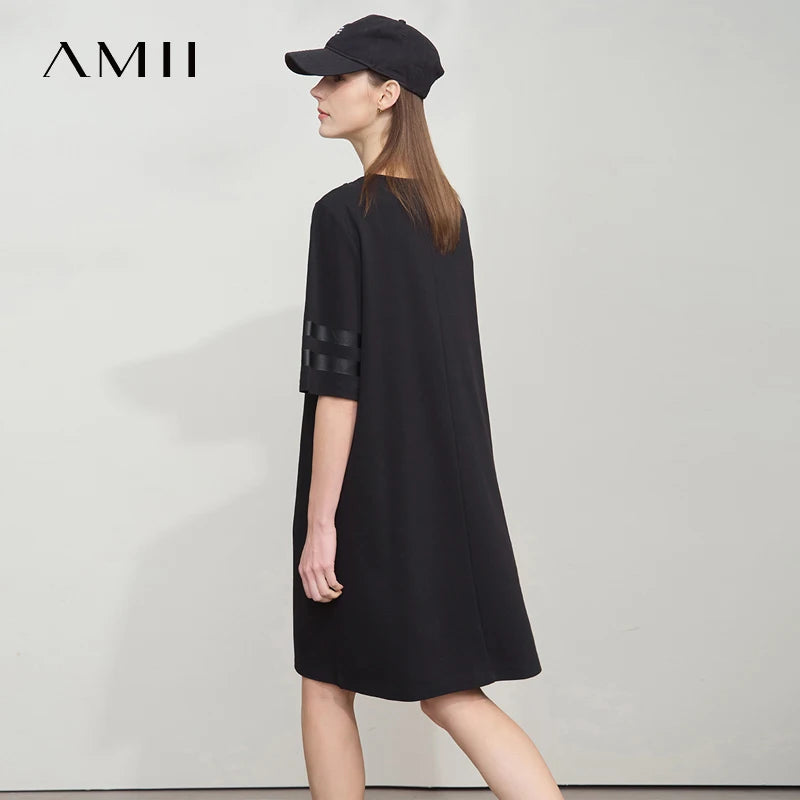Amii Women Dress 2026 Minimalist Lace Patchwork V-Neck Loose Letter Number Print Medium Sleeves Straight Tube Dress 12542008