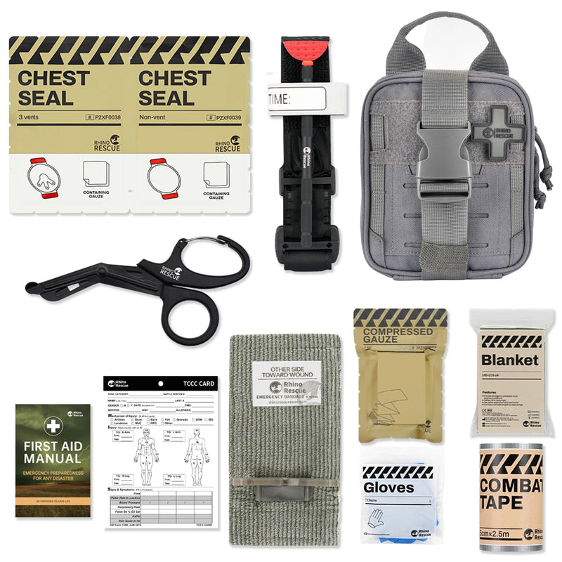 RHINO RESCUE EDC IFAK Survival Trauma Kit Molle Tactical Pouch With Metal Tourniquets,Bandage,Chest Seal For Camping Hiking Bag