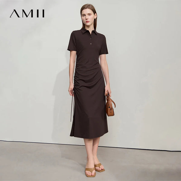 រ៉ូប AMII ស្លីម កអាវប៉ូឡូ រឹង រដូវក្តៅ ឆ្នាំ២០២៦ សម្រាប់នារីសាមញ្ញ ប៉ាក់ លាត ការិយាល័យ រ៉ូបចង្កេះរាងអក្សរ A ដៃខ្លី 12542076