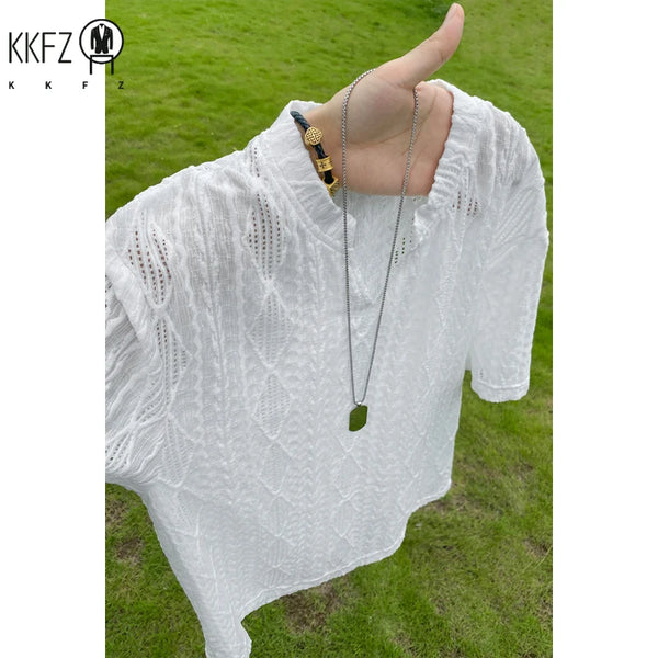 Men Casual Henley V Neck Short Sleeve Top Hollow Jacquard Weave Breathable Cloth For Street Daily Matching Scenarios