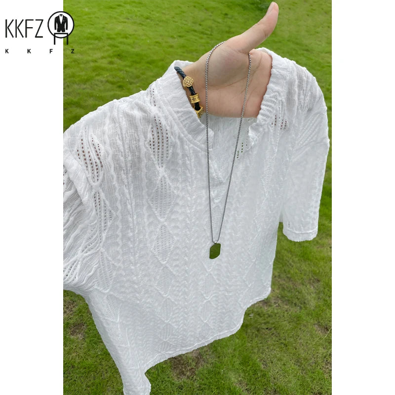 Men Casual Henley V Neck Short Sleeve Top Hollow Jacquard Weave Breathable Cloth For Street Daily Matching Scenarios