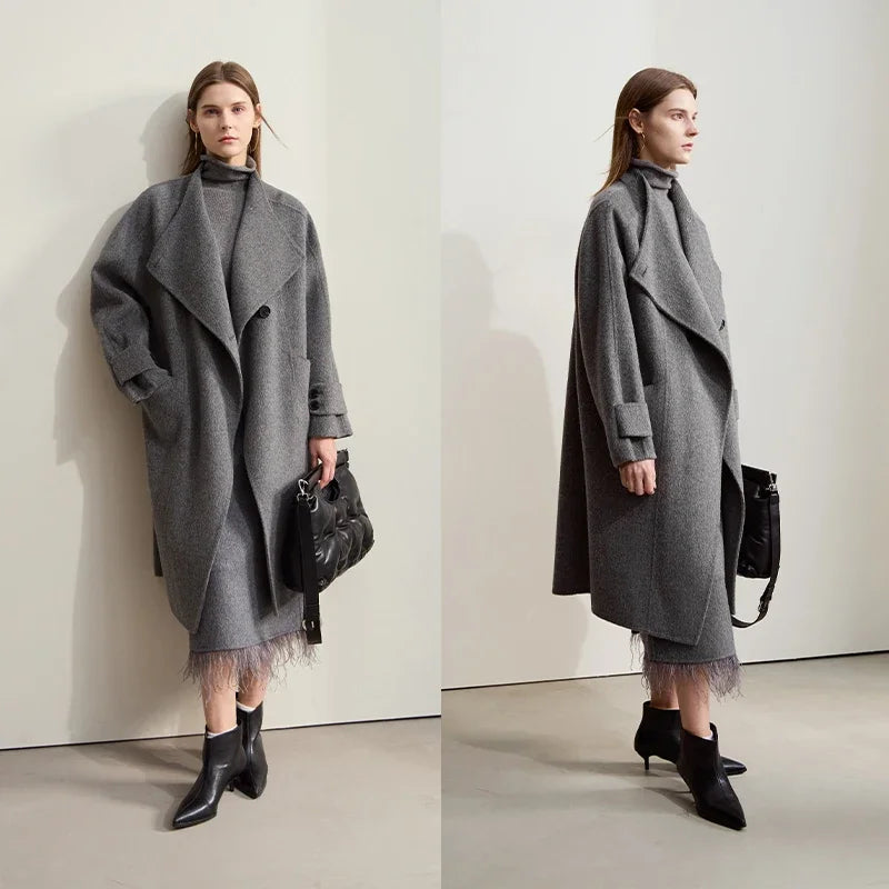 AMII Minimalism 100% Wool Double-sided Woolen Coat for Women 2026 Winter Commuter Raglan Sleeve Loose Long Outerwear 12424063