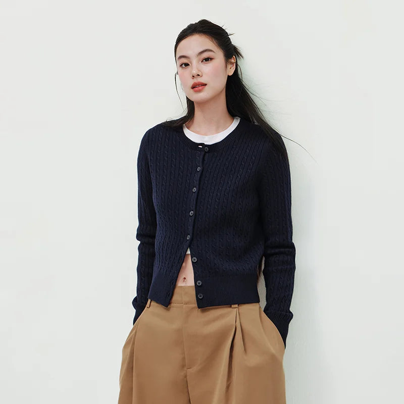 Semir Chic Cardigan Women 2026 Spring Short Cable Knit Crew Neck New Year Style Casual Comfortable Fashion Knitwear Top
