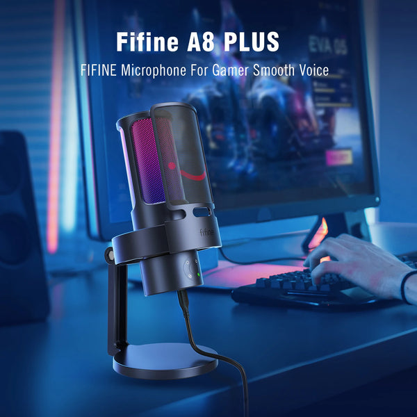 មីក្រូហ្វូន USB FIFINE Ampligame A8 PLUS ជាមួយ RGB ដែលអាចបញ្ជាបាន, កន្សោម 3 លំនាំប៉ូល 4, ប៊ូតុង Gain, រន្ធដោតមីក្រូហ្វូនផ្ទាល់ និងប៊ូតុងបិទសំឡេង
