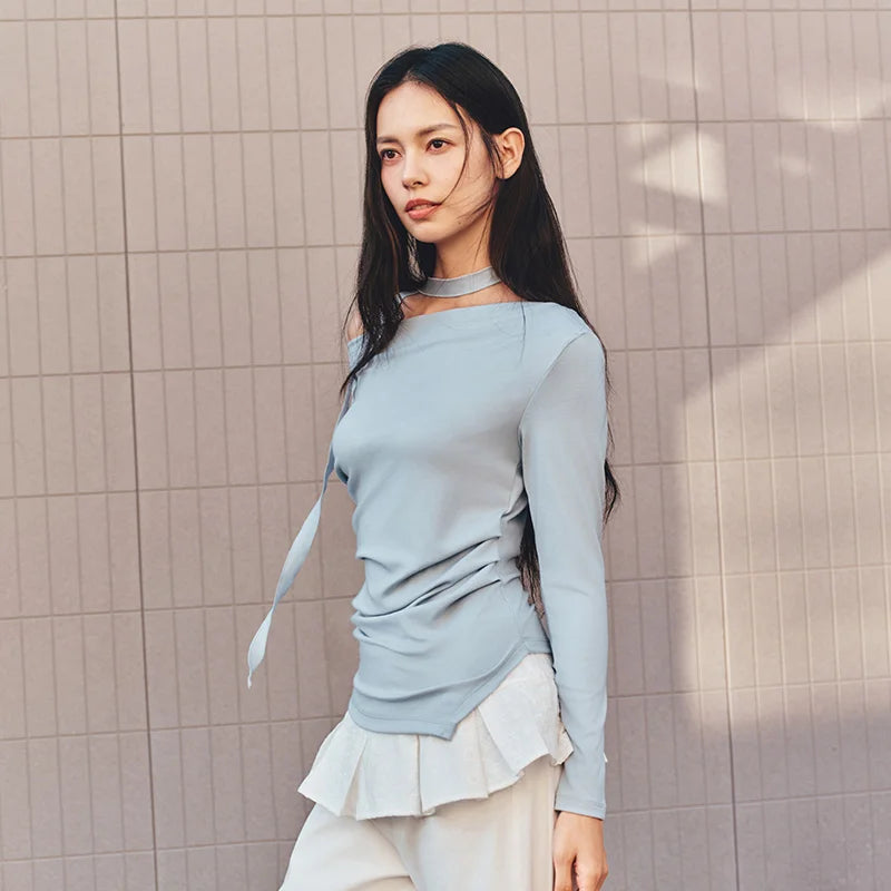 Semir Women Tshirt Long Sleeve Short Cowl Neck Ruched Asymmetric Solid Elegant Casual Autumn Top Daily Wear 2026
