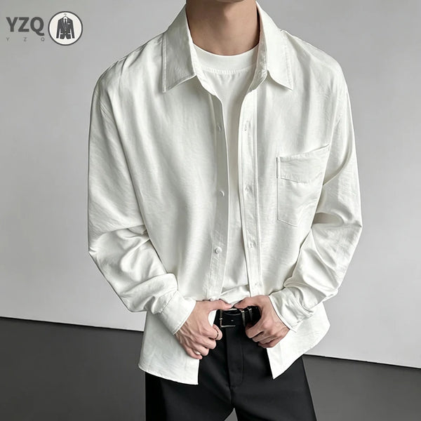 Mens Basic Solid Button Up Shirt Long Sleeve Turn Down Collar Chest Pocket Loose Cut Daily Casual Shirt