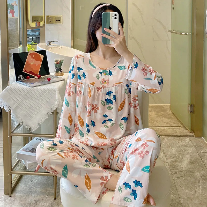 Cotton Rayon Pijamas Set For Women New Printed Spring Autumn Pajamas Female Loungewear Large Size Sleepwear пижама женская