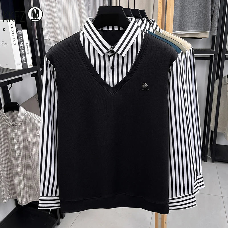 Mens Business Fake Two Piece Sweater Shirt Long Sleeve Striped Collar V Neck Pullover For Work