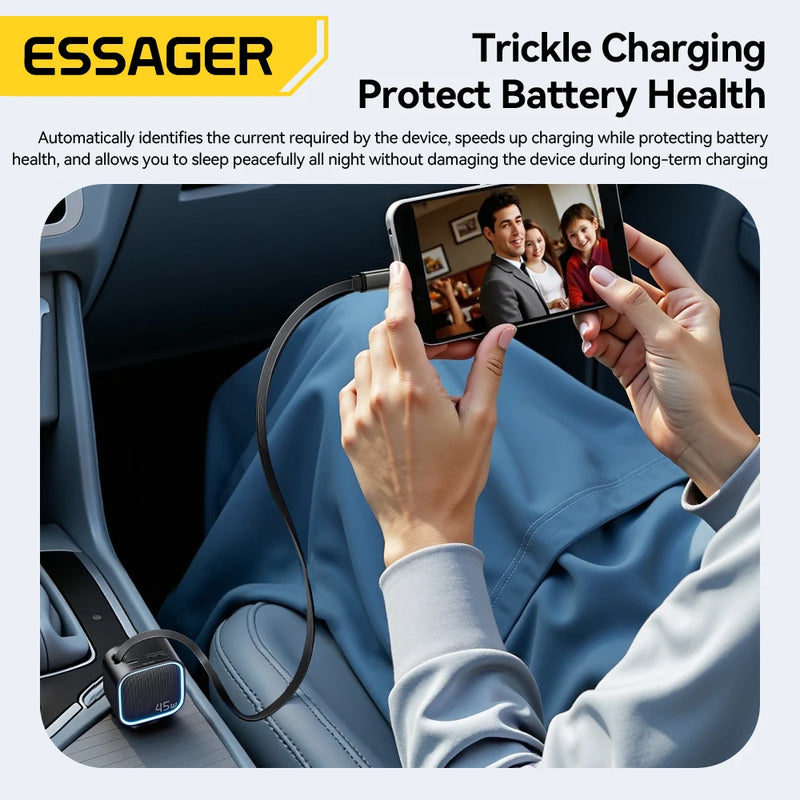 ឆ្នាំងសាករថយន្ត ESSAGER 45W ជាមួយខ្សែរ 75CM អាចដកថយបាន PD សាកថ្មលឿន 3 រន្ធ USB C & A សម្រាប់ iPhone 17 16 15 Huawei iPad
