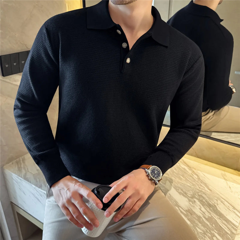 Men's Wool Blend Sweater, Polo Collar Shell Buttons, Old Money Style, Light Beige Gray