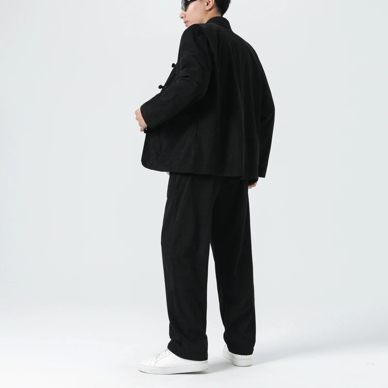 2026 Men's 2-Piece Set in Black Corduroy Fabric, Featuring A Chinese-inspired Single-breasted Stand-up Collar Jacket with Pants.