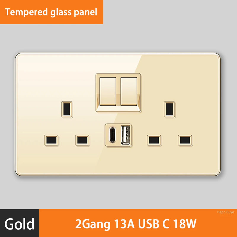 Luxury All Tempered Glass Wall Lamp Switch Button Golden UK Plug 13A Universal Wall Socket with Usb ,220V2gang2way Dimmer Switch