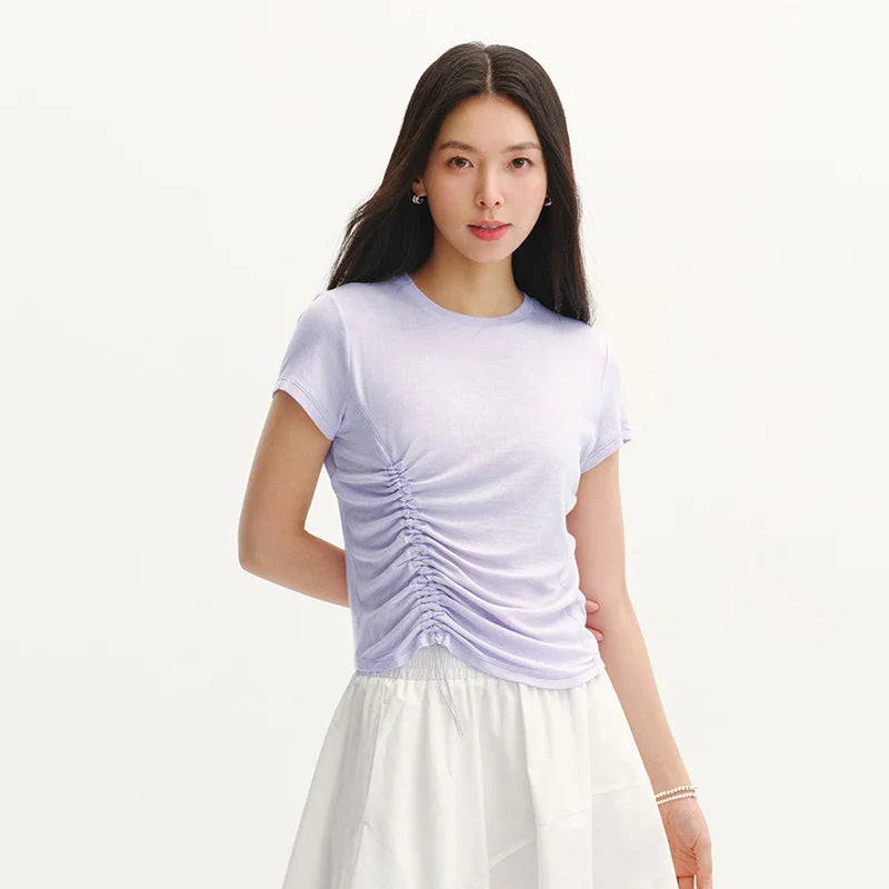 Semir Womens Tshirt 2026 Short Style Drawstring Ruched Solid Slim Crew Neck Gentle Style Casual