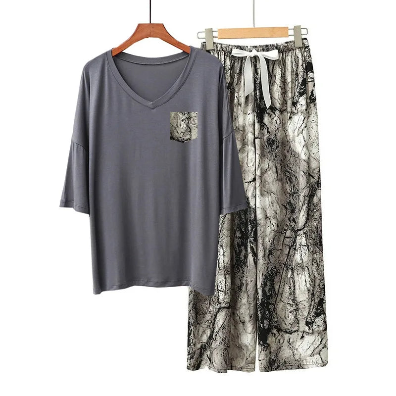 Modal Comfortable Women's Sleepwear Loose Short Sleeve Trousers Sets Printed Home Suit For Women Loungewear Pajamas Clothes