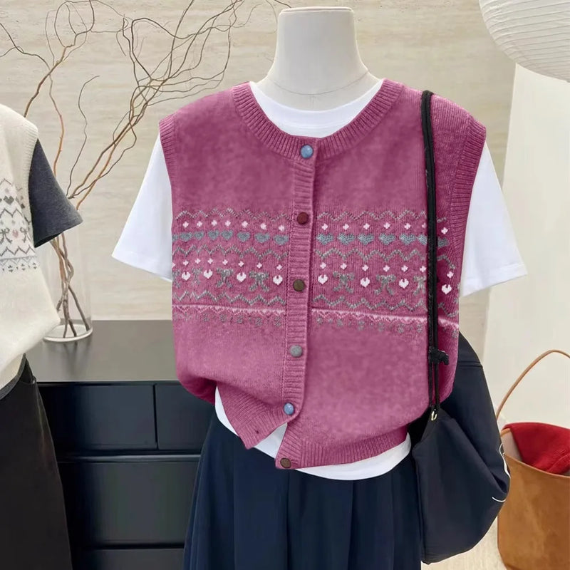 Retro Jacquard Knitted Cardigan Vest Women's Spring Autumn Round Neck Lazy Wind Casual Stacked Top Sleeveless Knitwear Sweater