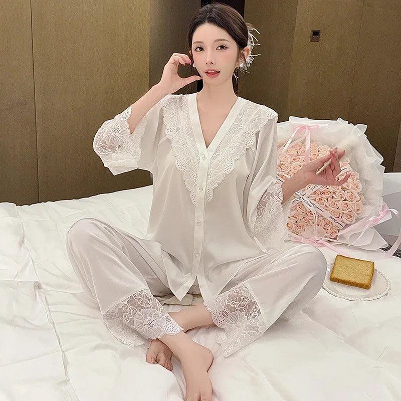 Elegant Women Pajamas Thin Home Clothes 2 Piece Loungewear Spring Autumn Long Sleeve Sleepwear Suit Elastic Waist Pants Pijama