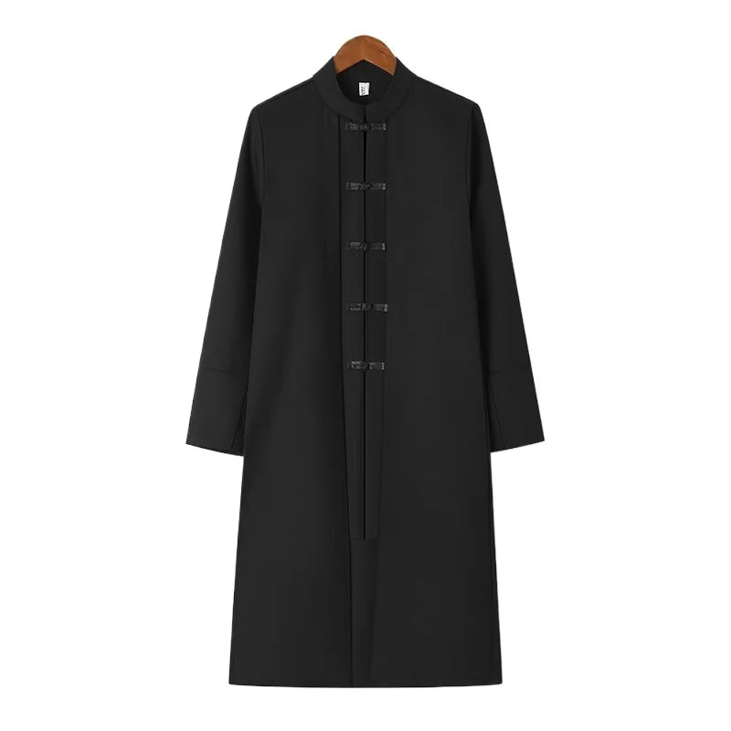 Chinese-style Men Black Trench Coat,Single-breasted Stand-up Collar Embroidered Long Jacket,Vintage-inspired Male Statement Top.