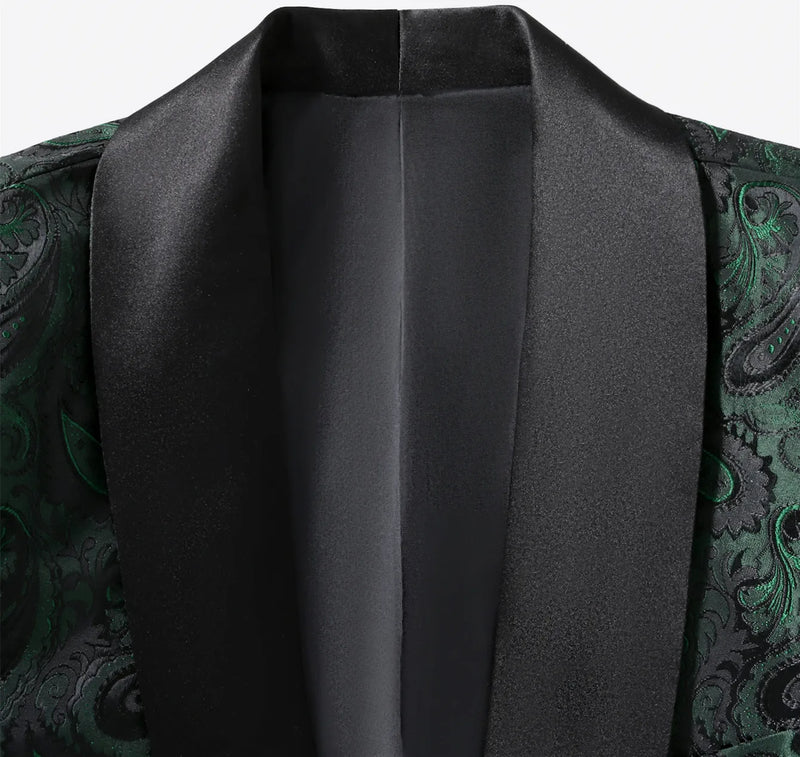 Men's Green Long-sleeve Blazer, Cashew-Print Suit Jacket, Suitable for Weddings, Parties, and Stage Performances.