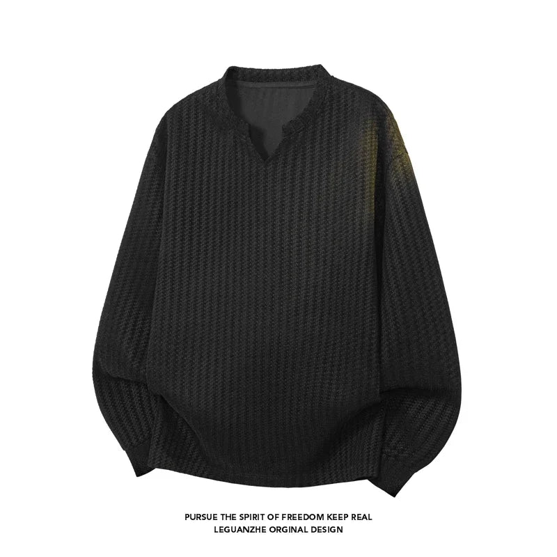 Male Relaxed Oversized V Notch Long Sleeve Top Houndstooth Knit Pattern Lightweight Fabric For Holiday Daily Styling