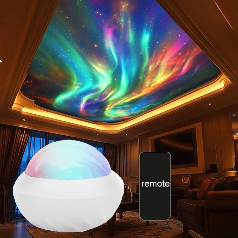 ចង្កៀងបញ្ចាំង Aurora USB ម៉ាស៊ីនបញ្ចាំងពន្លឺភាគខាងជើង RGB បរិយាកាស ភ្លើងពេលយប់ បញ្ជាពីចម្ងាយ បង្វិល 360° សម្រាប់ការតុបតែងពិធីជប់លៀងនៅផ្ទះ