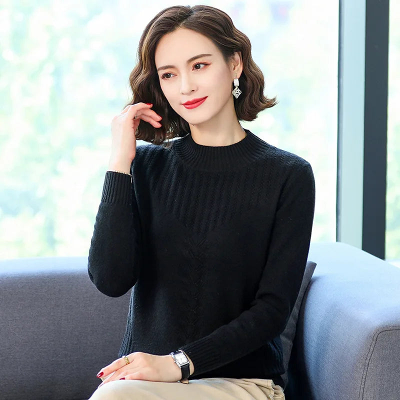 Knitting Bottoms Shirt Warm Spring Autumn Sweater New Women Half-Turtleneck Twisted Flowers Pullover Sweaters Winter Pull Femme