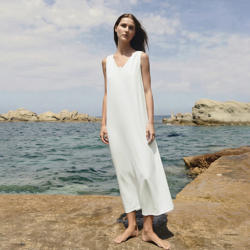 Amii Sleeveless Women's Dress 2026 Summer New Elegant Beaded V-Neck Pocket Loose Fit Solid Color Holiday Long Dresses 12642142