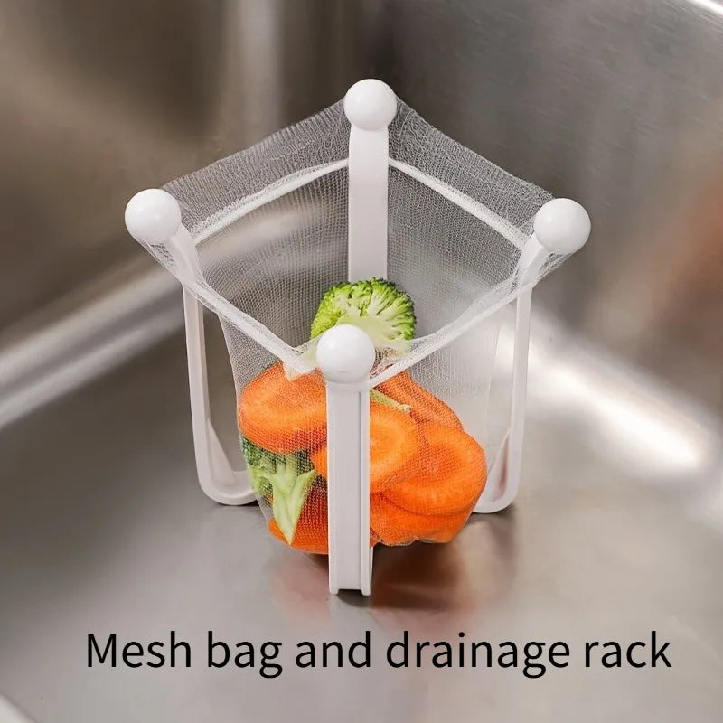 1set Kitchen Sink Strainer & Drain Rack - Durable Plastic, Open Storage Design for Easy Cleanup,50 Mesh Bags,1 Drainage Rack