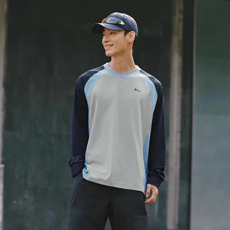 Semir Men Tshirt 2026 Spring Color Block Patchwork Quick Dry Loose V Neck Letter Couple Long Sleeve Casual Tops