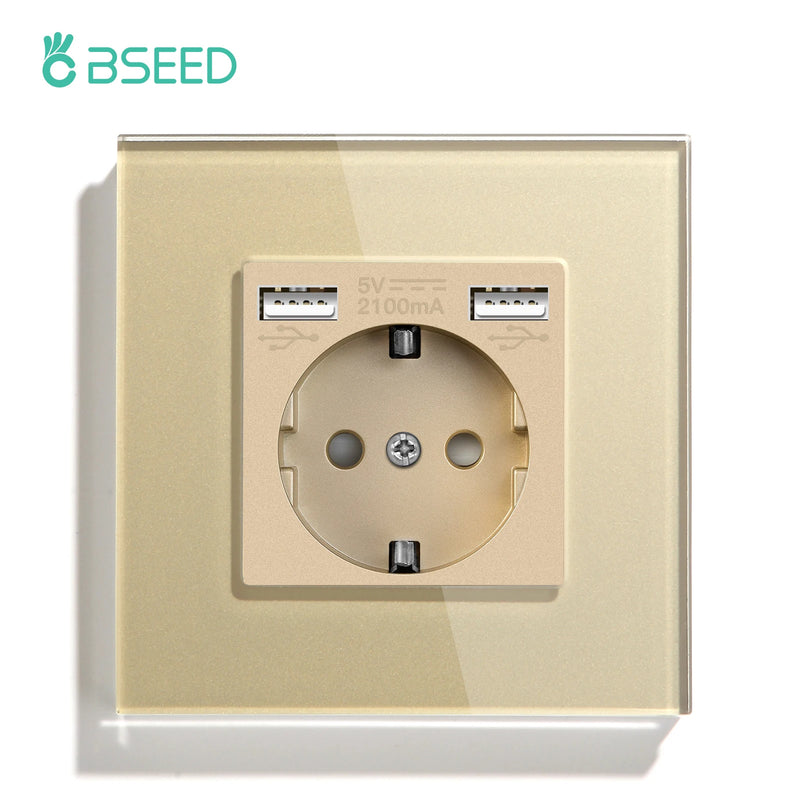 BSEED EU Double Wall Light Switches Touch Switch Wall Socket USB Type-C Charge Port Crystal Glass Panel Switch Blue Blacklight