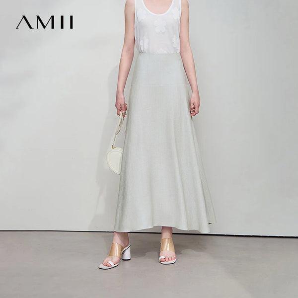 AMII សំពត់នារី Minimalist រដូវក្តៅ Luxur Office Lady Solid Combination Twill A-Line Elegant MIdi Skirt Female Clothing12542278