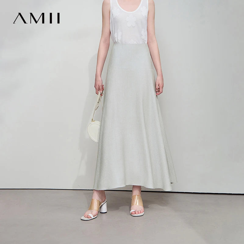 AMII សំពត់នារី Minimalist រដូវក្តៅ Luxur Office Lady Solid Combination Twill A-Line Elegant MIdi Skirt Female Clothing12542278