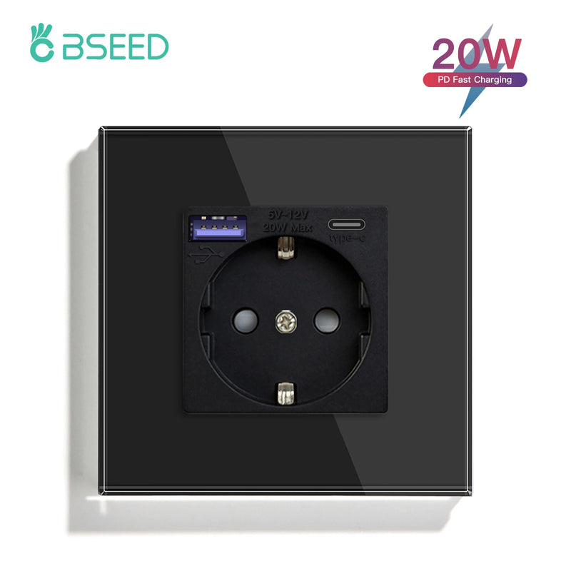 BSEED EU Standard Wall Power Sockets Type-C Interface Outlet USB Fast Charge Port 20W Glass Panel Kids Protection 16A
