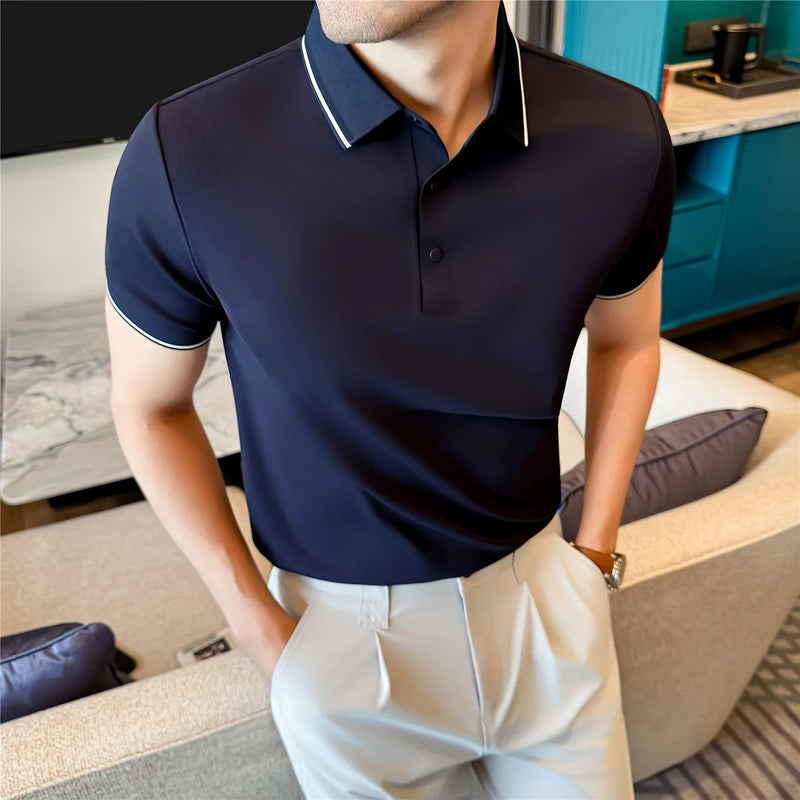Men’s Slim Fit Polo Shirt with Contrast Collar Wrinkle-Free, Odor-Resistant Business Casual Top Sun-Friendly Fabric