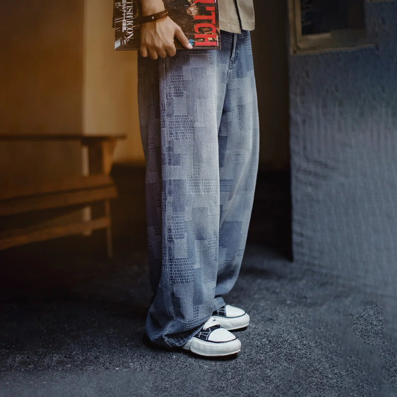 ខោខូវប៊យ Maden របស់បុរស Vintage Boro Jacquard Washed Denim Pants Baggy Harajuku Wide Leg Loose Patchwork Long Pants Casual Men Spring