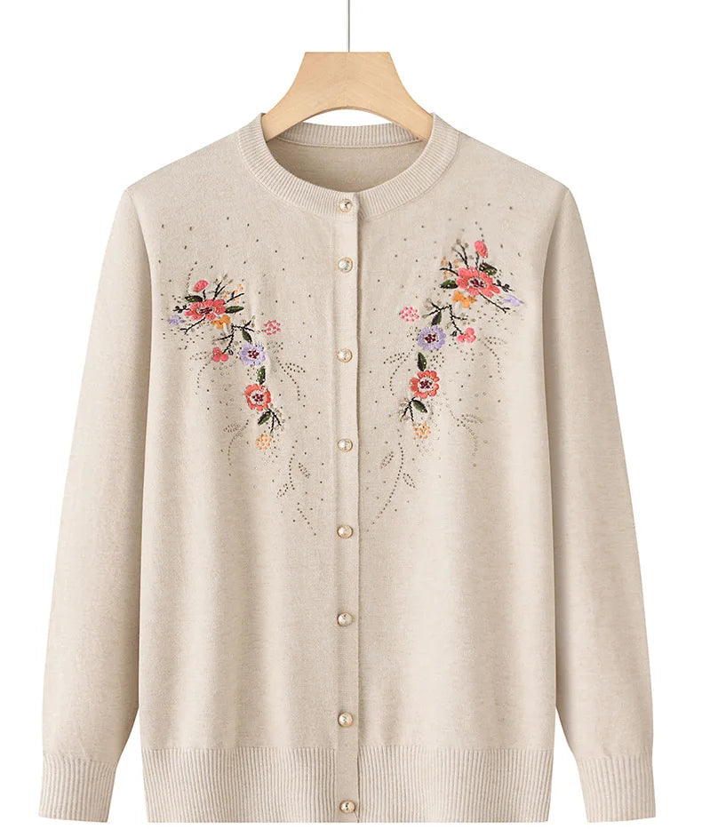 Middle-aged And Elderly Women's Embroidery Knit Cardigan Jacket Single-breasted Slim Sweater Coat Spring Autumn Grandma Clothing