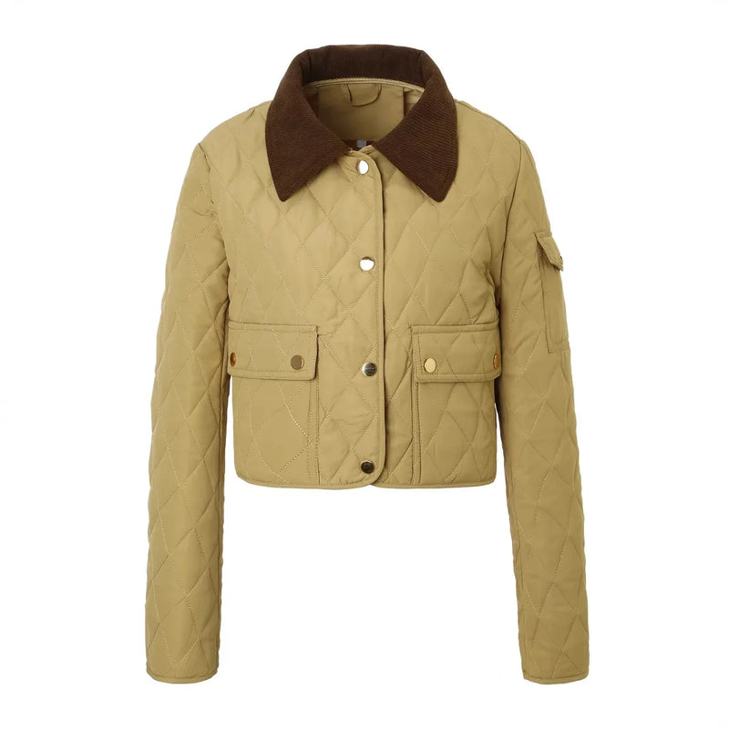 Women's Short-length Long-sleeve Winter Cotton Coat with A Single-breasted Lapel; Available in Apricot, Black, and Army Green.