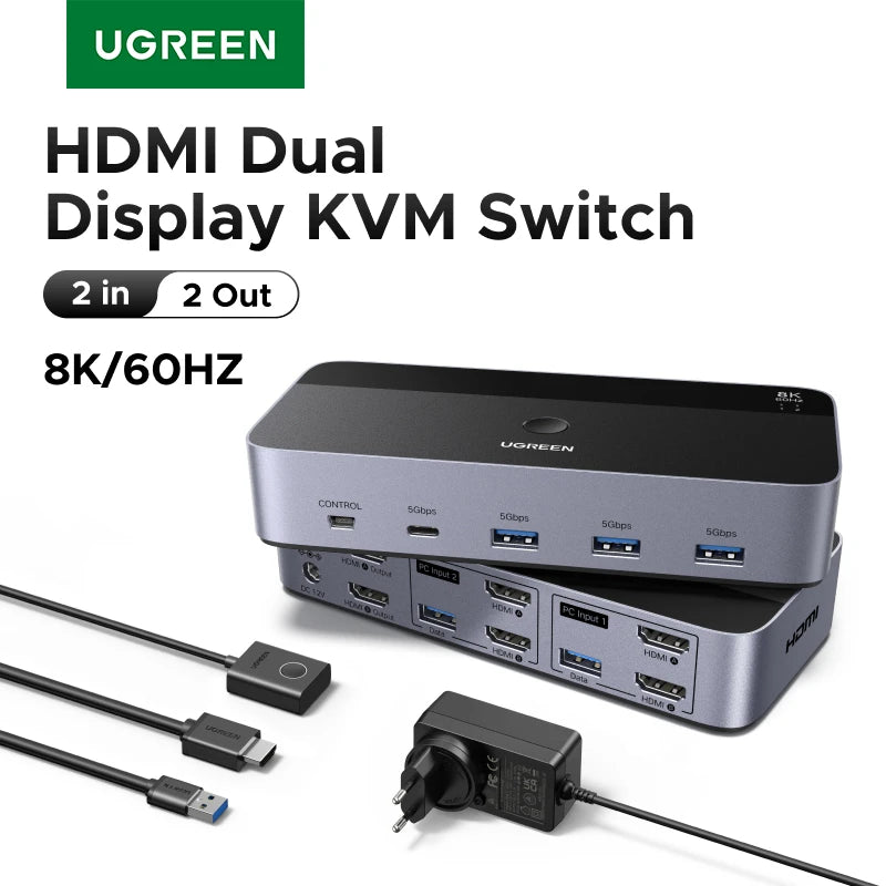 UGREEN 8K 60Hz HDMI KVM Switch for 2 Monitor 2 PCs Upgrade USB 3.0 Sharing Monitor Keyboard Mouse Printer
