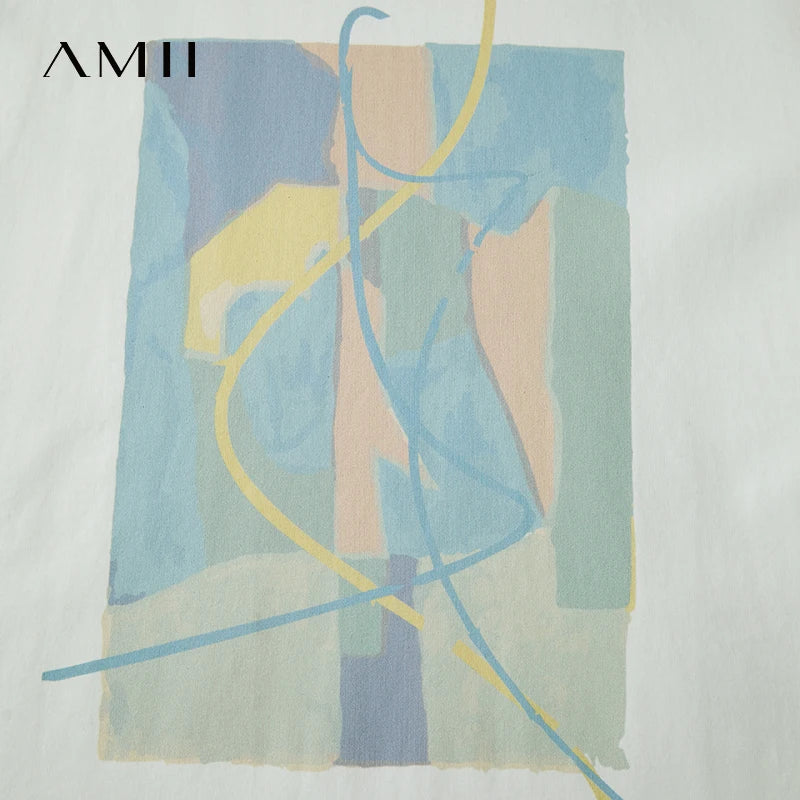 អាវយឺតរដូវក្តៅ Amii Minimalist សម្រាប់នារី រចនាមិនទៀងទាត់ អាវធម្មតា ក អូ-ក បោះពុម្ពអរូបី អាវយឺតរលុង ស្មាទម្លាក់ចុះ 12522081
