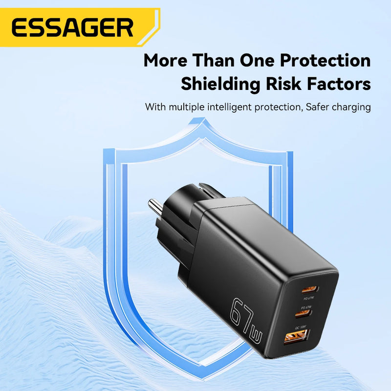 ឆ្នាំងសាក Essager GaN USB Type C 67W 45W 33W KR EU Plug សាកថ្មលឿនសម្រាប់ Samsung iPhone 16 15 14 Pro Huawei ទូរស័ព្ទ កុំព្យូទ័រយួរដៃ ឆ្នាំងសាក