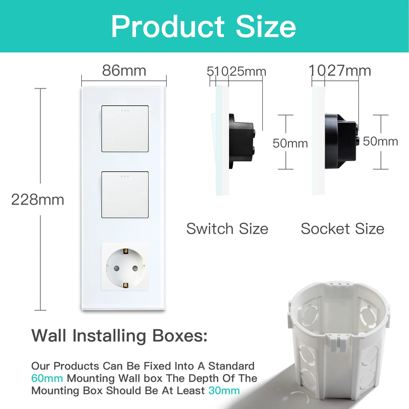 BSEED EU Standard Wall Button Switches Double 1Gang 1Way Wall Power Sockets USB Charger Glass Panel Type-C Socket Outlets