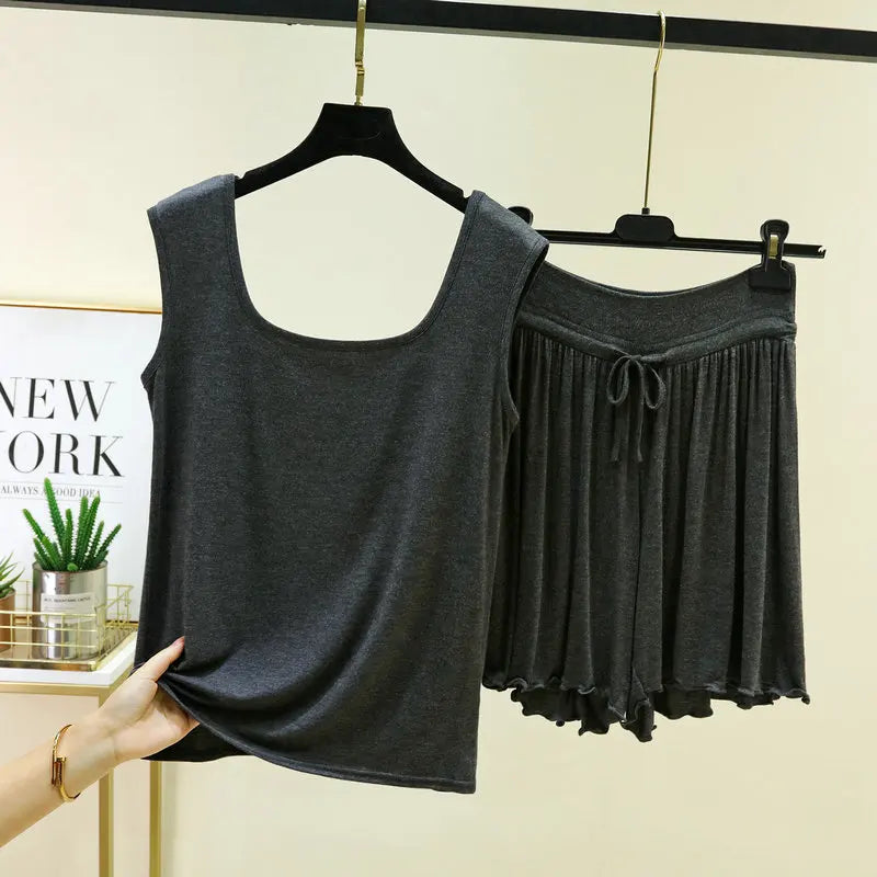 Women's Pajamas Modal Wide Shoulder Double U-neck Vest Shorts Two-piece Set Loose Plus Size Home Suit  Pijama Mujer M-6XL