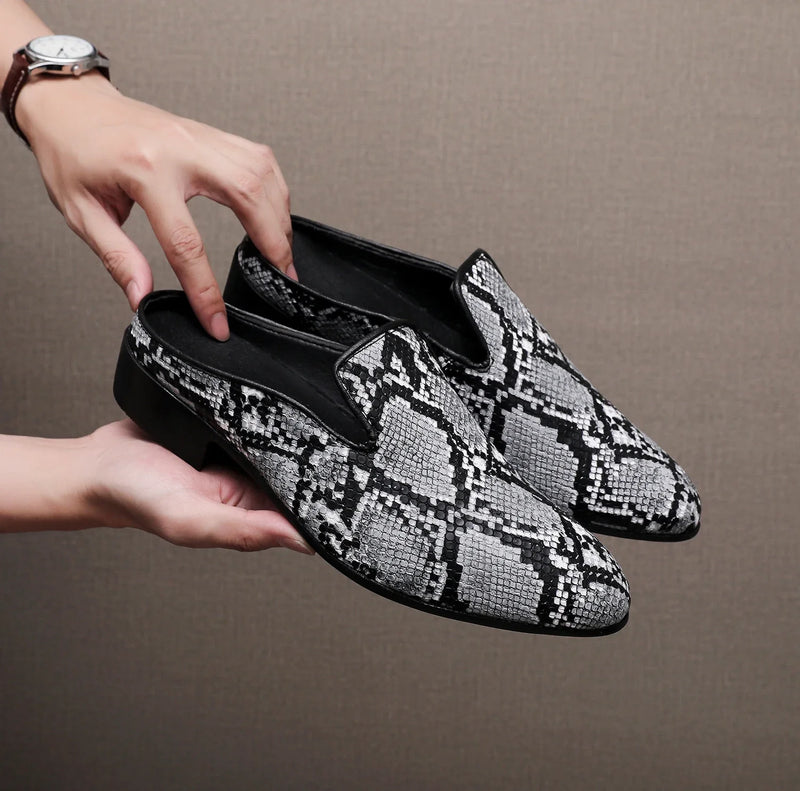Big Size Mens Backless Mules Pointed Toe Slip on Loafers Men Low Heel Python Pattern Half Slippers Party Dress Shoes
