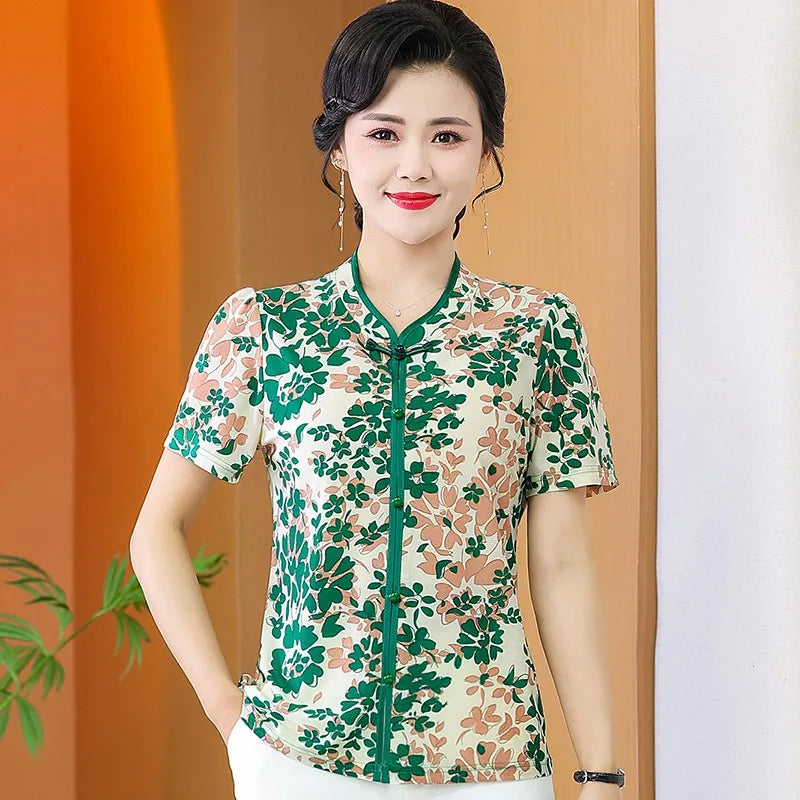អាវយឺតដៃខ្លីបោះពុម្ពម៉ូដសម្រាប់នារីរដូវក្តៅធម្មតា កអាវឈីប៉ាវបែបវីនថេច សម្រាប់សម្លៀកបំពាក់នារី