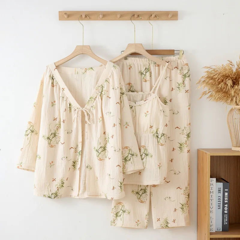 ឈុតផ្កាបីដុំ Pijama Mujer ថ្មីកប្បាសនិទាឃរដូវរដូវស្លឹកឈើជ្រុះ Pajamas ឈុត 3/4 ដៃអាវគេងសម្រាប់ស្ត្រី ឈុតគេងនៅផ្ទះ Pajama Femme