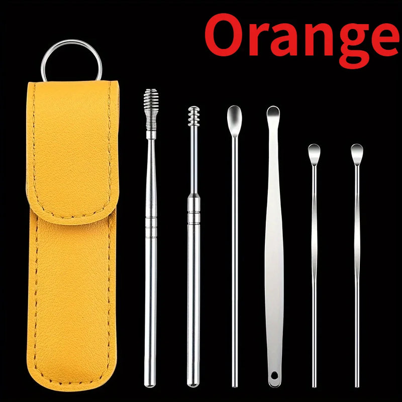 1set Ear Degreaser Tool, Stainless Steel 6 Piece Ear Cleaning Set,Spring Loaded Ear Scoop, Travel Portable Ear Wax Removal Set