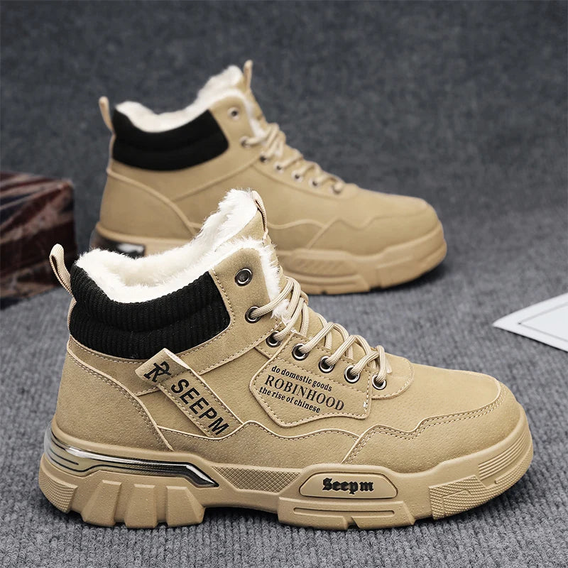 Men's cotton boots New winter warm plus velvet outdoor casual boots fashion soft-sole anti-slip comfort high-top snow work boots